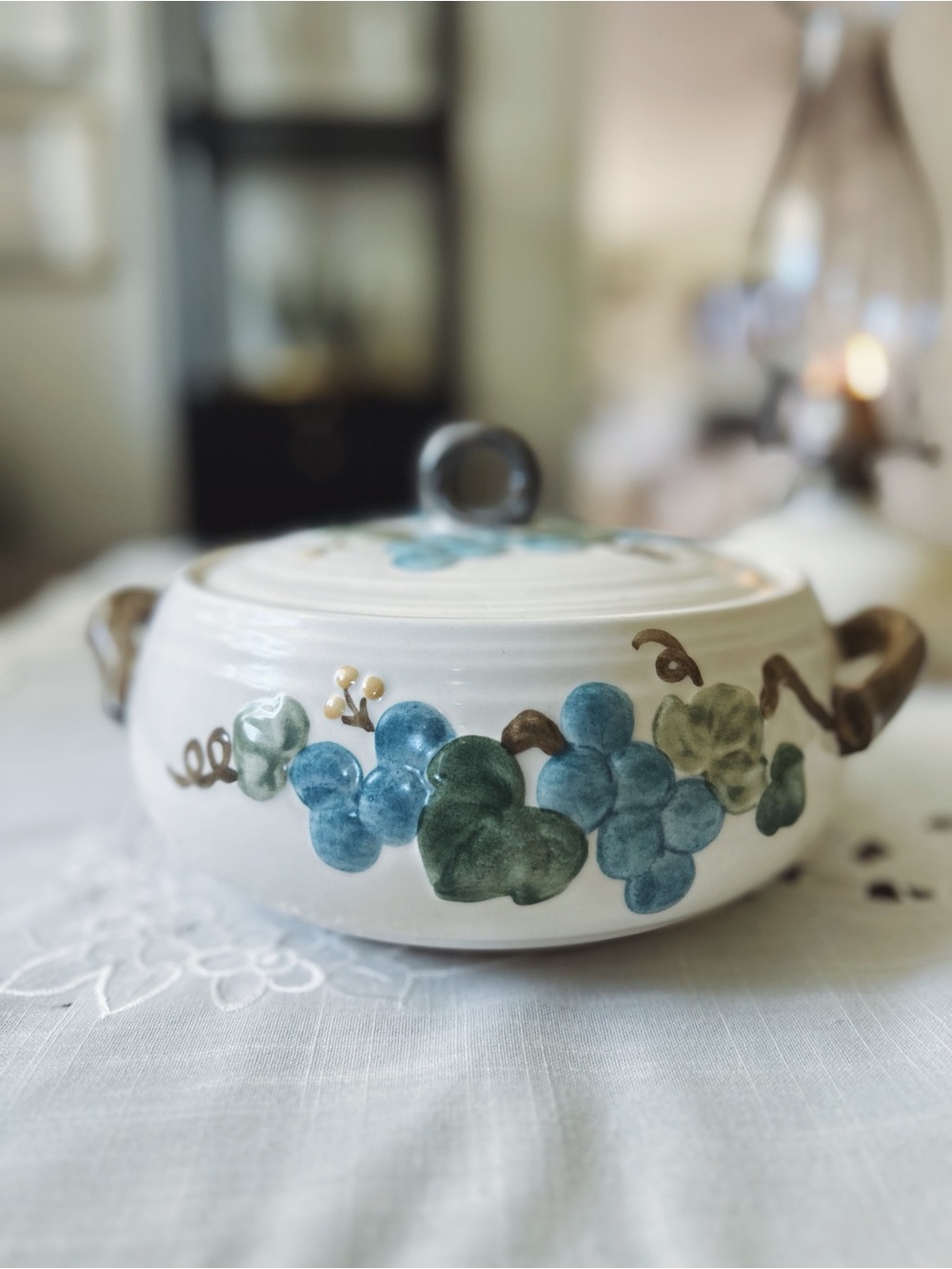 Vintage Stoneware Lidded SoupTureenWith Blue And Green GrapeVine Design